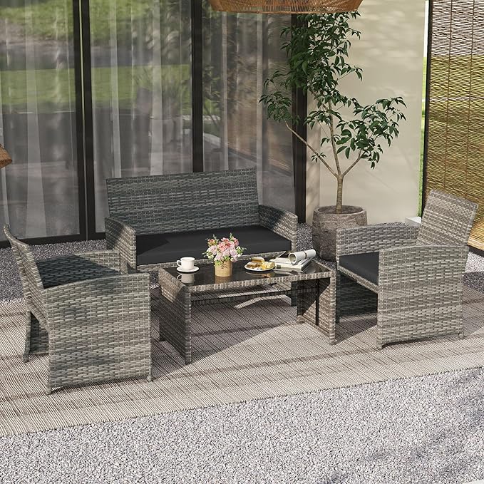 Tangkula 8 Piece Patio Wicker Furniture Set, Outdoor Heavy Duty Rattan Cushioned Chairs, Loveseat and Tempered Glass Coffee Table, for Backyard, Balcony, Poolside