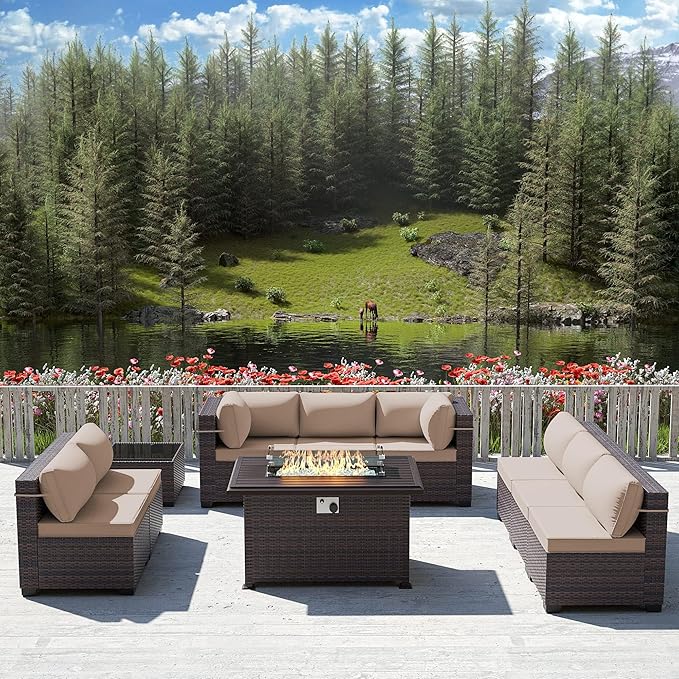 10 Pieces Outdoor Patio Furniture Set,Outdoor Sectional Furniture with 43" 55000 BTU Gas Propane Fire Pit Table,All Weather PE Rattan Wicker Patio Conversation Set,Sand