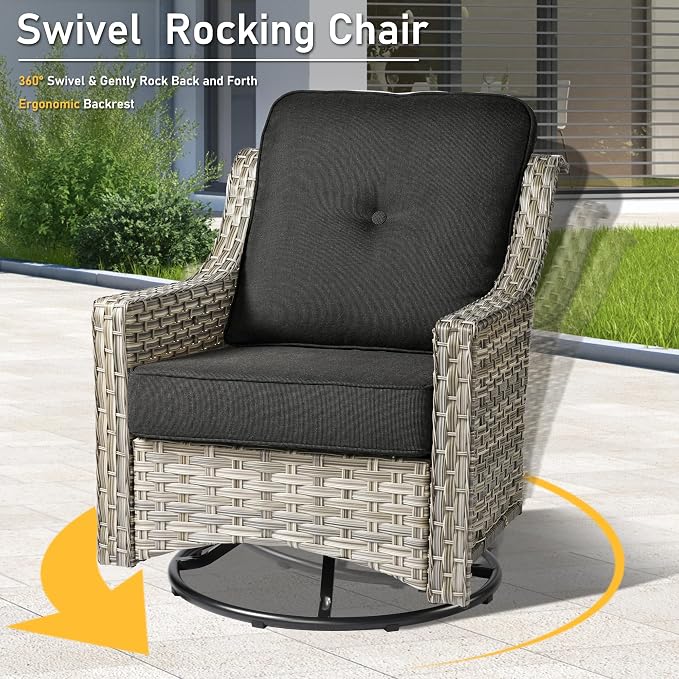 HOOOWOOO 6 Piece Patio Furniture Conversation Sets with Swivel Rocking Chairs,Outdoor Wicker Furniture with Ottoman,All Weather Resistant High Back Rattan Conversational Set(Black)