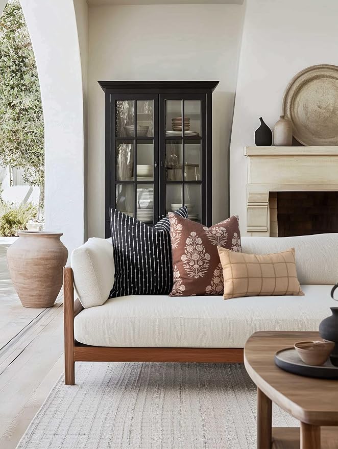 Modern Farmhouse Fall Linen Indoor Outdoor Throw Pillow Cover Only, 20"x20" Water Repellent for Patio, Backyard, Couch, Cocoa Brown Ivory Cream Floral