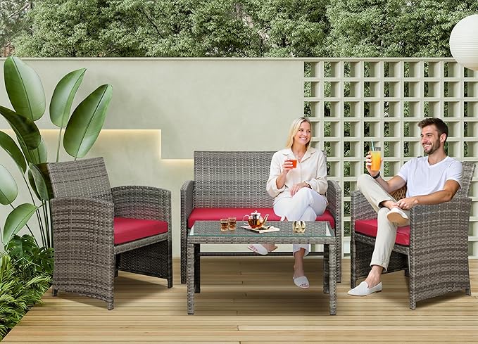 SUNLEI 4 Pcs Outdoor Patio Furniture Sets, Rattan Chair Wicker Conversation Set, Backyard Porch Garden Poolside Gray Rattan Sofa Chair with Cushion for Outdoor Indoor Use (Red)