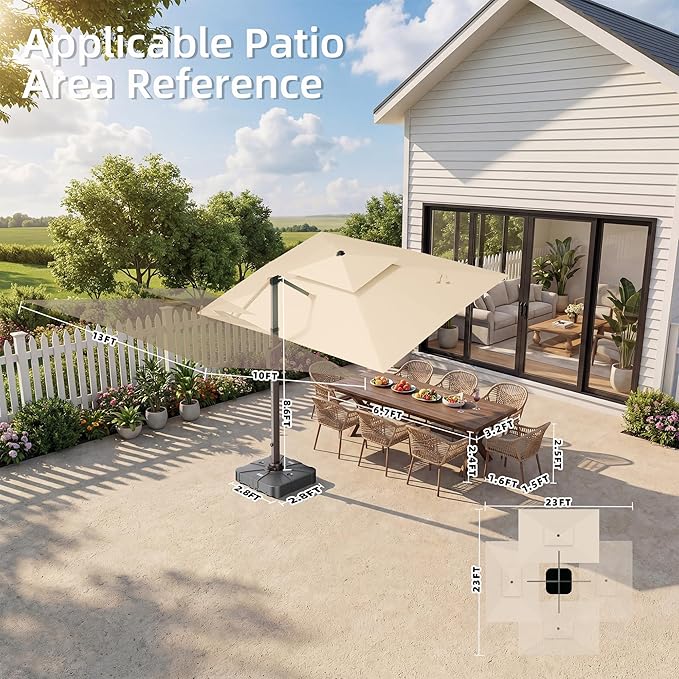 10' X 13' Patio Umbrella with Weighted Base and LED Lights Outdoor Cantilever Large Rectangle Offset Umbrellas Heavy Duty Aluminum Double Top with 360-degree Rotation for Pool Garden Deck, Beige