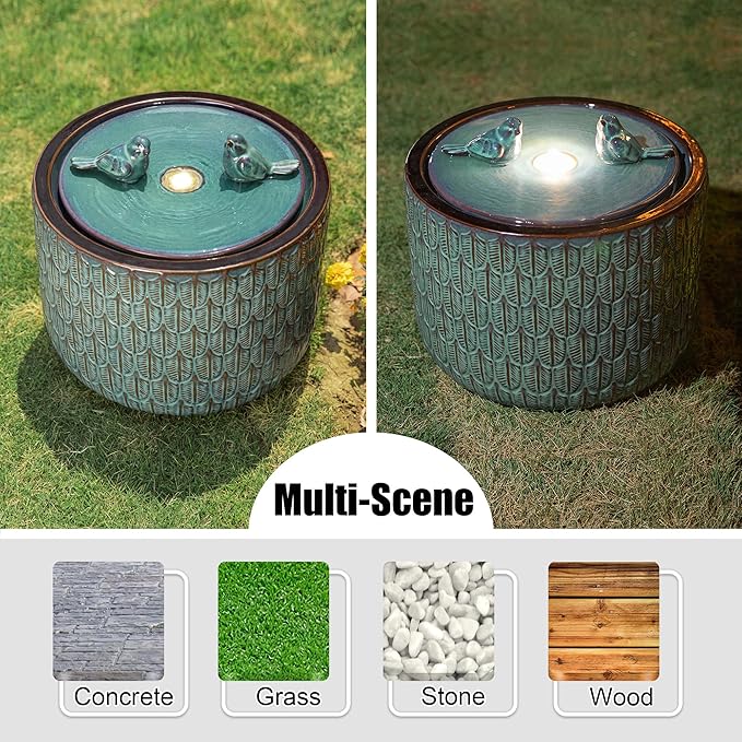Glitzhome 14.75”H Outdoor Ceramic Water Fountain with LED Light and Pump, Embossed Leaf Pattern Floor Standing Bird Bath Fountain with Two Birds Decor for Patio Porch Deck Backyard, Turquoise