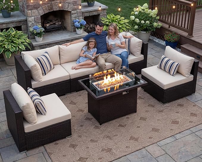 BULEXYARD 7 Pcs High Back Patio Furniture Set with Fire Pit Table Propane/Natural Gas Dual Fuel, All-Weather Outdoor Sectional Couch, Comfy Backyard Seating for Exterior, Brown Wicker & Beige Cushion