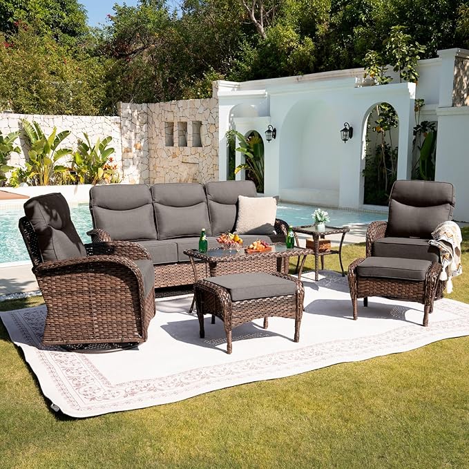 Belord Upgraded 6“ Cushion Luxury Patio Furniture Set with Fire Pit Table - 7 Piece Wicker Furniture Set with High Back Swivel Rocker Patio Chairs, Conversation Set for Deck Porch Yard - Brown/Grey