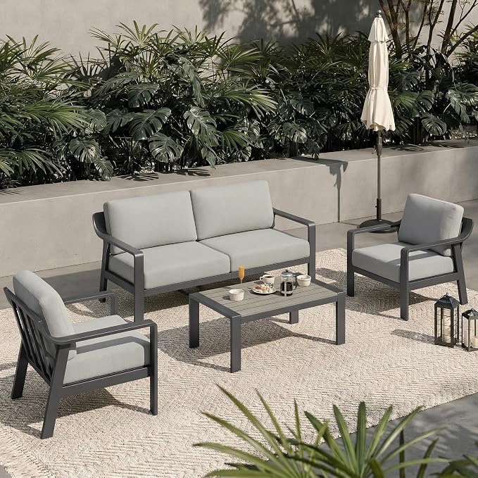 KISLOT Aluminum Outdoor Patio Furniture Set with Coffee Table,4 Seater Patio Conversation Sets with Washable Thick Cushions,Outdoor Sectional Furniture Set for Poolside, Balcony,Gray Aluminum Frame