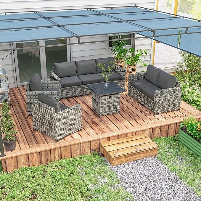 Outsunny 5 Piece Patio Furniture Set with 30" Fire Pit Coffee Table, Wide Deep PE Rattan Wicker Outdoor Conversation Sofa Set with Cushions, Dark Gray