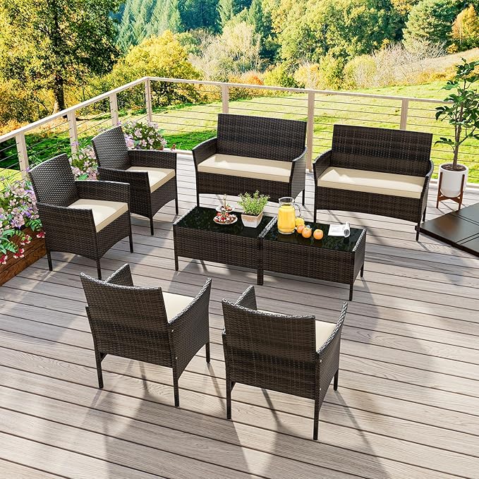 HAPPYGRILL 8 Pieces Outdoor Rattan Conversation Set, Patio Wicker Furniture Set with Loveseat Chairs & Tempered Glass Coffee Table, Outside Sectional Sofa Set for Backyard, Garden & Poolside