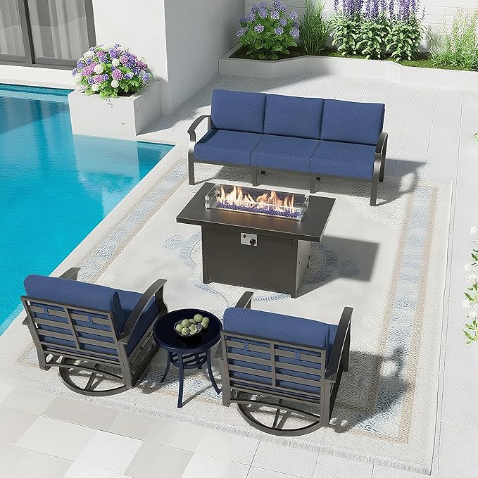 Aluminum Patio Furniture Set with 55,000 BTU Propane Fire Pit Table,5 Seats Metal Modern Outdoor Furniture w/5.1" Cushions,Patio Sectional w/Swivel Chairs for Backyard,Patio,Navy Blue
