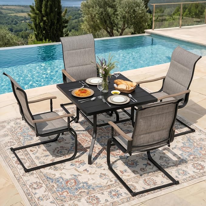 NUU GARDEN 5-Piece Outdoor Dining Set, Grayish Brown C-Spring Chairs | 37" square metal table with umbrella hole, 4 C-spring motion textilene chairs with stylish wood-grain armrests
