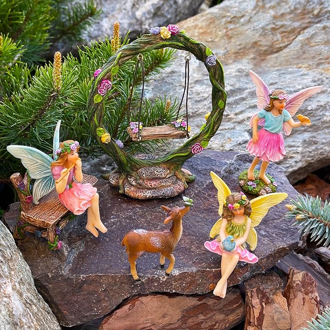 Mood Lab Fairy Garden Figurines with Swing - Miniature Decor Set (6 pcs) - Statues & Accessories - Outdoor & Indoor Garden Decor