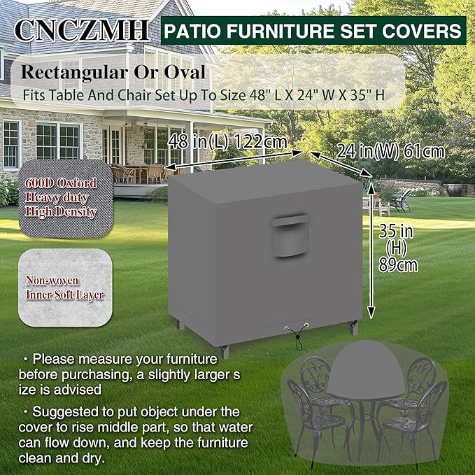 Heavy Duty Patio Furniture Covers Waterproof, 600D Outdoor Furniture Cover Waterproof for Sectional Sofa Couch, Outdoor Dining Table and Chair Set Covers 48''L x 24''W x 35''H, Grey
