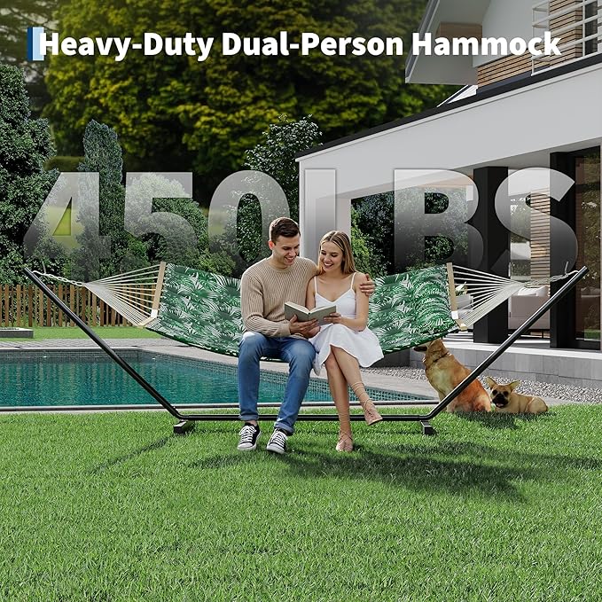 2-Person Hammock with Stand, 450lbs Capacity, Padded Polyester, Heavy-Duty Steel Frame, Portable Carry Bag for Patio, Backyard & Poolside