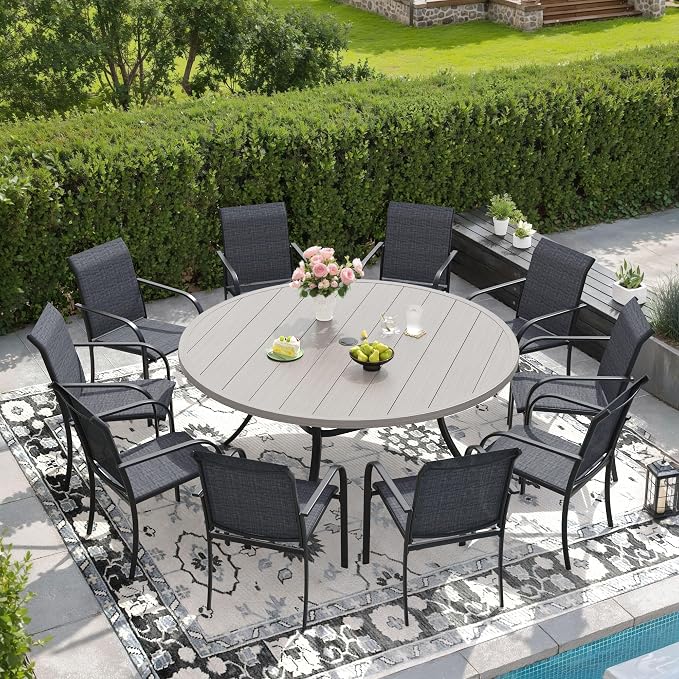 DIFY 11 Pieces Outdoor Patio Dining Set for 10, 60" Grey Wood-Like Round Metal Dining Table and 10 Grey Stackable Textilene Patio Chairs, Outdoor Table and Chairs for Backyard Garden Poolside