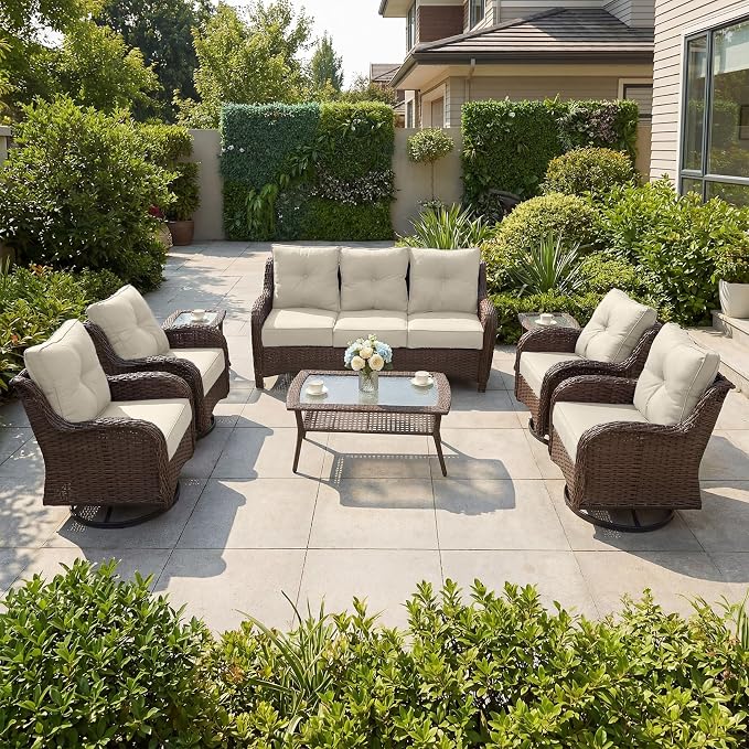 Luxury Patio Conversation Set, 8-Piece Ergonomic High Back Wicker Sofa&Swivel Chair Set with 6-Inch Deep Seating Cushions, Large Patio Furniture Set for Garden, Deck & Balcony, Beige