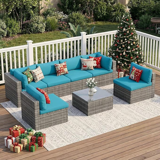 Wisteria Lane 7 Pieces Outdoor Patio Furniture Set, Wicker Outdoor Patio Sectional Sofas with Coffee Table, All-Weather Patio Conversation Set for Backyard Garden, Light Blue