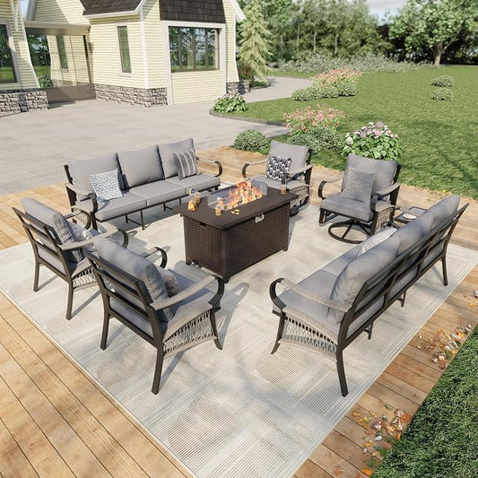 8 Pieces Patio Furniture Set, Metal Outdoor Conversation Sets with Fire Pit Table and Swivel Chairs for Backyard Garden Deck Porch Poolside (Thick Gray Cushions)