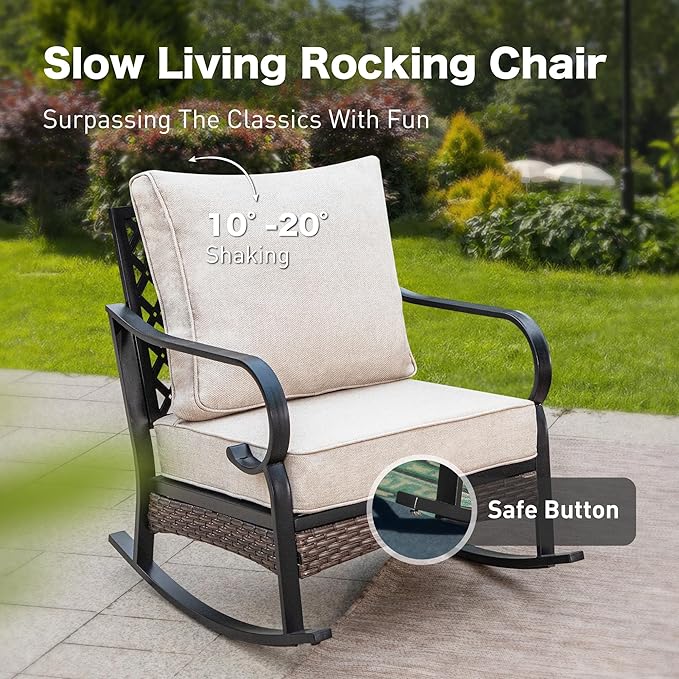 4 Piece Metal Outdoor Patio Furniture Sets, Patio Conversation Sets 1 Loveseat, 2 Rocking Sofa with 5.75" Extra Thick Cushion and Coffee Table, Balck Frame Backyard Furniture, Beige