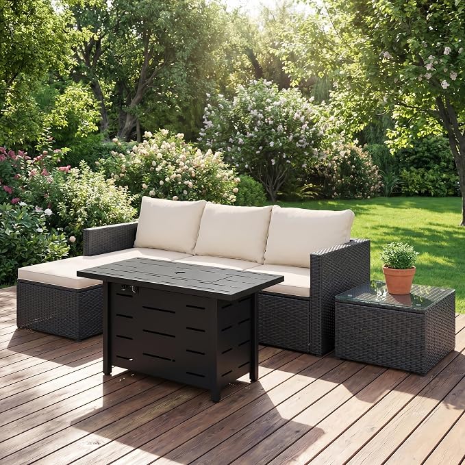 SUNLEI 4-Piece Patio Furniture Set with 43" Propane Fire Pit Table, Outdoor Wicker Sectional Sofa Set, All-Weather Conversation Set for Backyard, Poolside, Garden, Beige Cushions