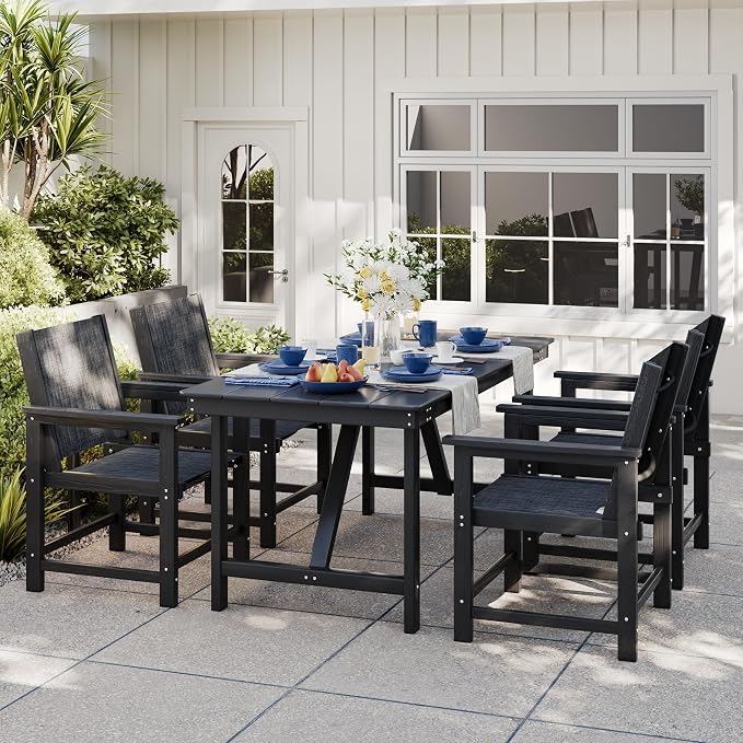 HDPE Outdoor Dining Set for 4, All-Weather Patio Furniture Table and Chair Sets with Umbrella Hole Outdoor Dining Table Sets of 4 Textilene Fabric Patio Chairs for Backyard, Poolside, Garden,Deck