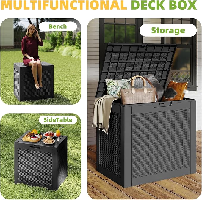 35 Gallon Outdoor Deck Storage Box, All Weather Wicker Look Lockable Storage Bin for Poolside, Backyard & Patio Outdoor Use (Black,35GAL-1)