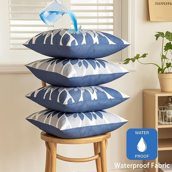 Qahing Pack of 4 Outdoor Waterproof Pillow Covers 18x18 Decorative Outdoor Throw Pillows Garden Square Cases for Patio Furniture, Couch, Tent Sunbrella, Bench, Blue Grey