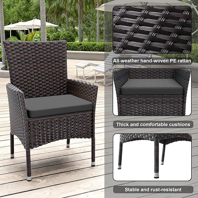 ALAULM 10 Piece Patio Dining Set All-Weather Wicker Outdoor Patio Furniture Set w/Tempered Glass Tabletop, Removable Cushions and Umbrella Hole for Patio, Backyard, Garden, Poolside (Grey)
