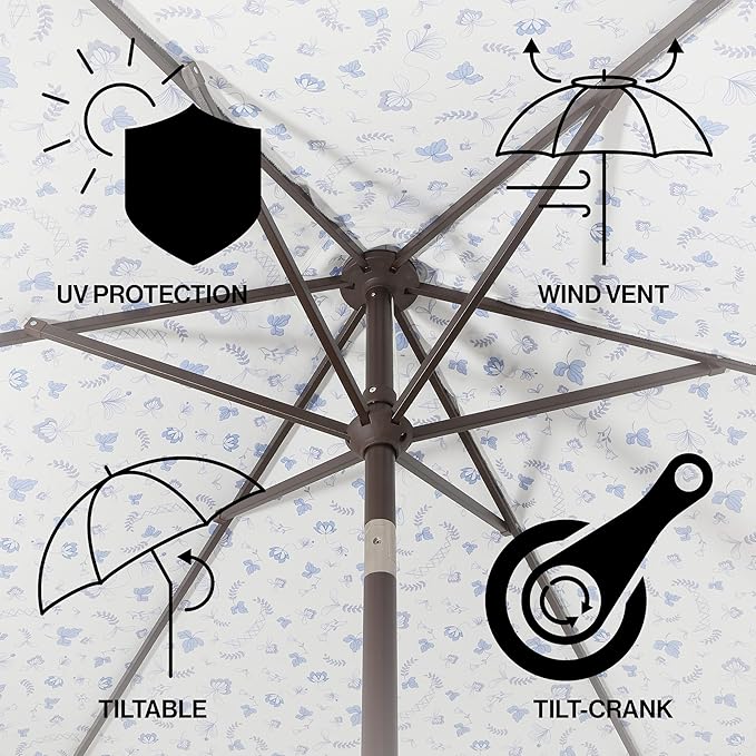 JONATHAN Y UMB1001 Collins 9 ft. Classic Cottage Tassel Market Patio Umbrella with Auto-Tilt, Crank, Wind Vent and UV Protection