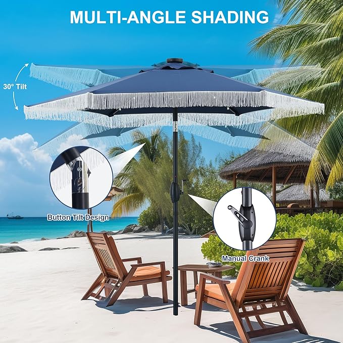 GDY 7.5 ft Fringe Patio Umbrella with 18 LED Solar Lights ，Stylish Fringe Decor for Graden, Pool, Beach, Deck, Navy Blue