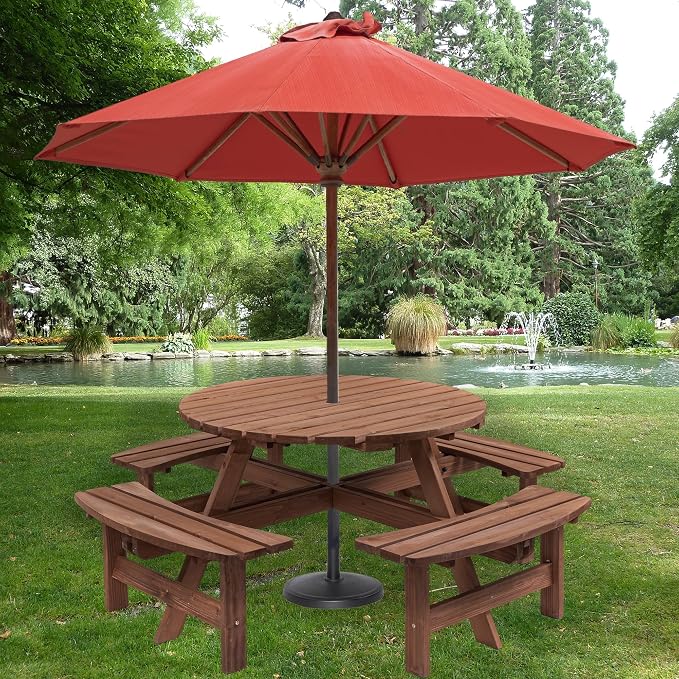 8 Person Outdoor Picnic Table with Wooden Bench, Round Picnic Table Dining Table w/ 4 Built-in Benches ,Umbrella Hole, Outside Table and Bench Set for Garden, Backyard, Porch, Patio, 2220lb Capacity
