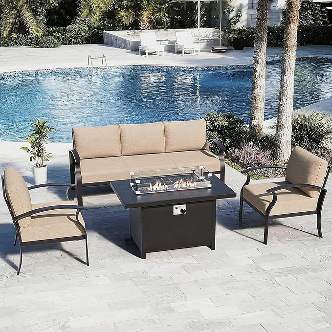 Gotland Aluminum Patio Furniture Set, 4 PCS Metal Outdoor Furniture with 45’’ Fire Pit Table Waterproof 5.1'' Seat Cushions 34.1’’ High Back, Oversized Outdoor Sectional Patio Conversation Sets, Khaki