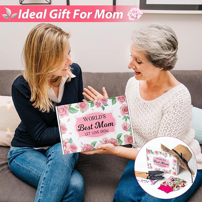 Mom Garden Tools Pink Hand Rake Transplanter Apron Trowel Straw Hat Planting Gloves Gardening Set with Box Outdoor Horticulture Starter for Best Mother in Law Plant Lover