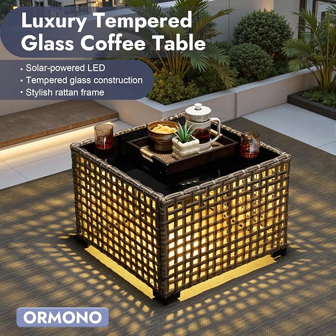 6 PCS Patio Furniture Set, Deep Seat High Back Outdoor Conversation Set with Ottomans, Wicker Outside Furniture with Solar Light Coffee Table for Porch Backyard Balcony, Sunroom, Denim Blue