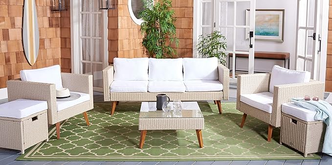 SAFAVIEH Outdoor Collection Presla Wicker Cushion 6-Piece Living Set PAT7715B-3BX, Beige/White