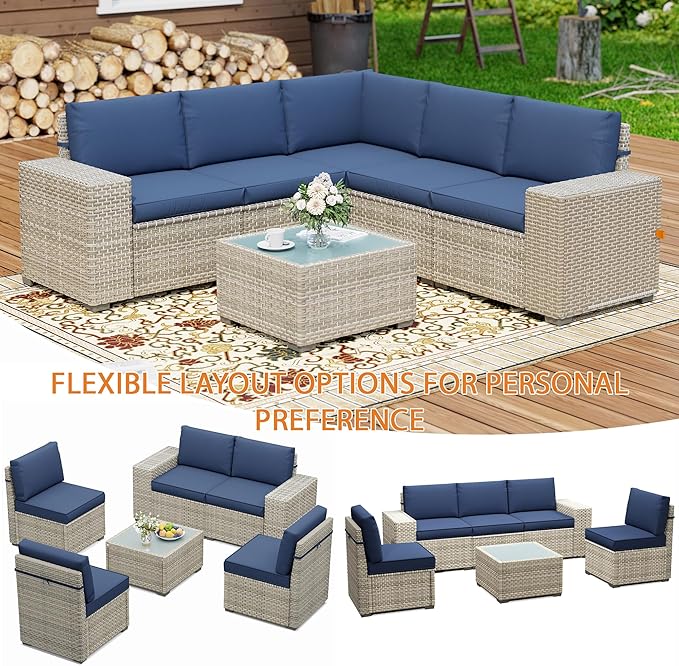 6 Piece Patio Furniture Set, 8" Wide Arm Sectional Sofa Set with Coffee Table, High-Back All-Weather Rattan Outdoor Conversation Set for Garden, Porch, Lawn, Blue