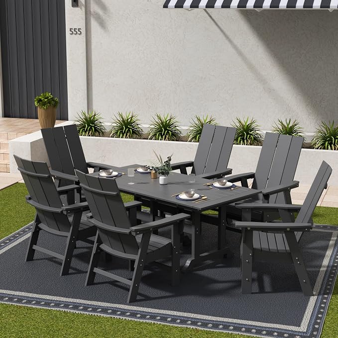 WestinTrends Ashore 7 Pieces Adirondack Outdoor Dining Set, All Weather Poly Lumber Slatted Modern Farmhouse Outdoor Furniture Set, 71" Trestle Dining Table and 6 Adirondack Dining Chair, Gray