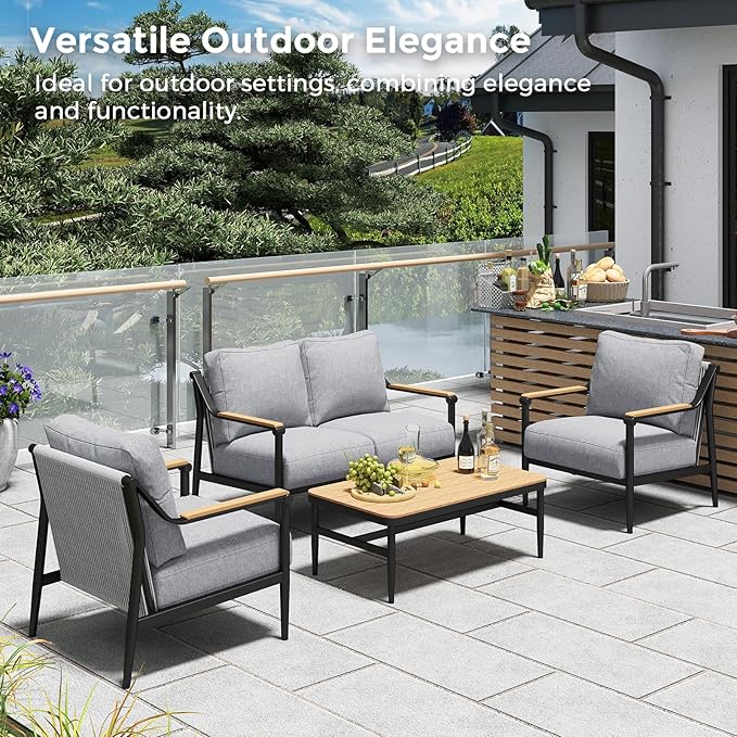 4 Pieces Outdoor Sofa Conversation Set, 4 Seats Couch Set with Table, Metal Frame Rope Weaving Design UV Resistance Waterproof for Patio Garden Balcony, Grey