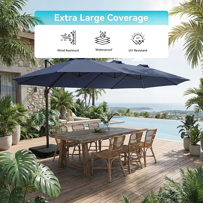 COSIEST 8 * 13FT Cantilever Patio Umbrella with Base,Large Rectangle Offset Umbrella，Heavy Duty Double-Sided Table Market Umbrella for Garden, Pool, Deck Shade, Navy Blue