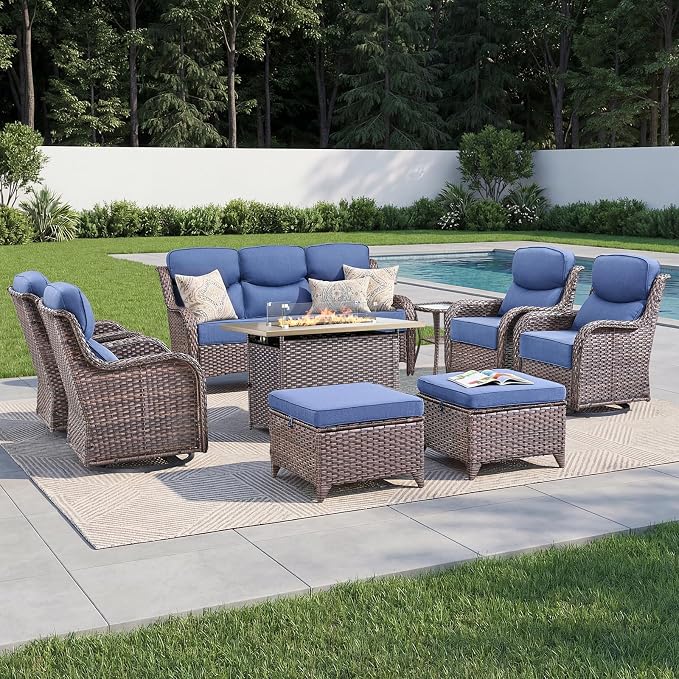 Luxury Patio Furniture Set with 6-inch Thick Cushion, Outdoor Furniture with Fire Pit Table, Swivel Chairs, Sofa, Side Table, Ottomans, 9pcs Wicker Conversation Set(Brown Wicker/Blue Cushion)