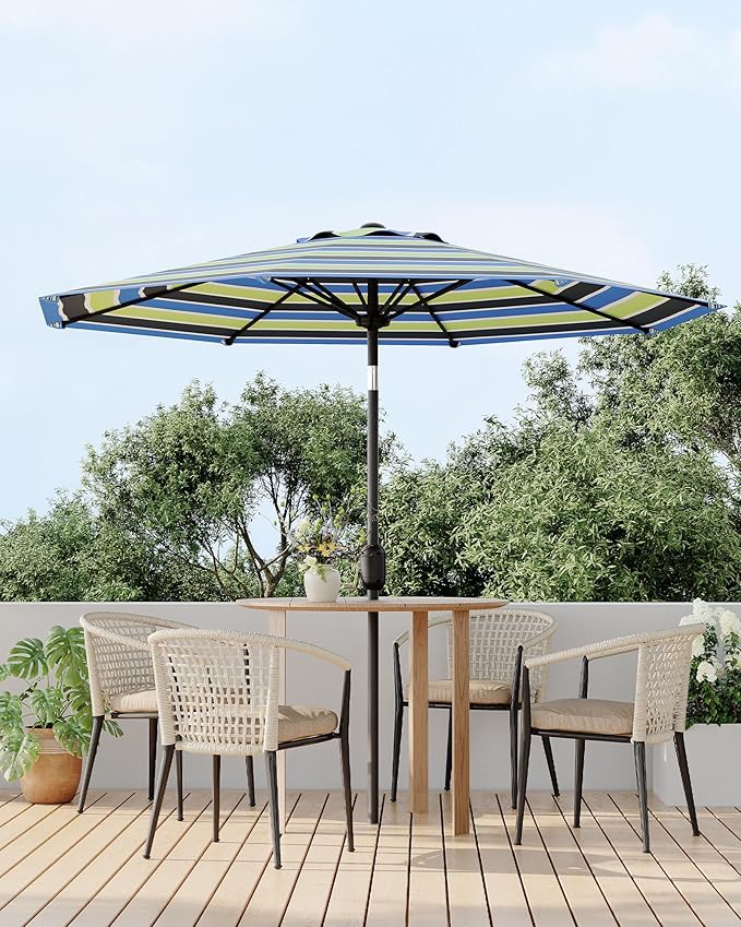 GarveeLife 9 ft Outdoor Patio Umbrella, Table Market Umbrella With Push Button Tilt and Crank, 8 Sturdy Ribs UV Protection Waterproof for Garden, Deck, Backyard, Pool (Yellow-blue-purple striped)