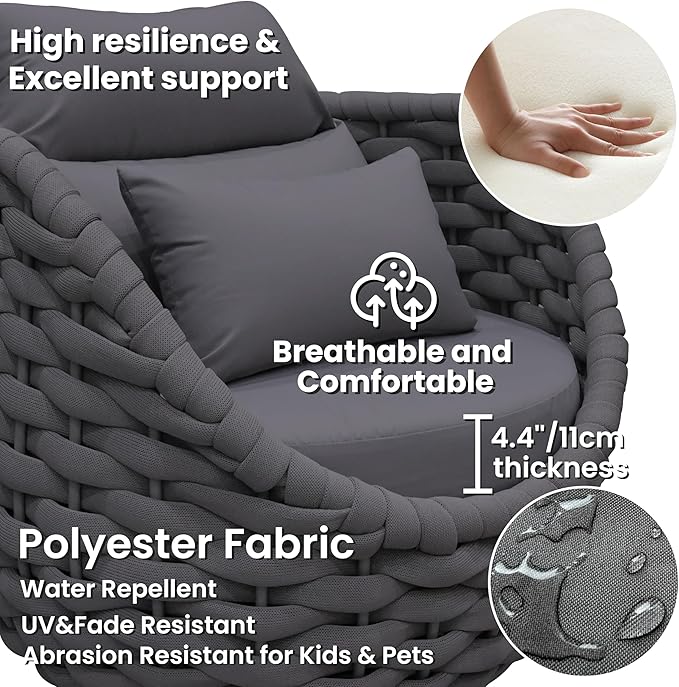 Deck Furniture Set: 3 Pieces Aluminum Woven Rope Patio Conversation Sofa Set for 2, Comfy Cushions Couch Armchair Table Set Assembled, 400lbs for Porch Balcony Pool Bistro Yard Hotel - Dark Gray