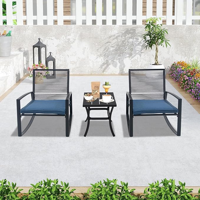Domi Outdoor 3-Piece Wicker Rocking Chair Set, Patio Conversation Set with Removable Textilene Cushions & Metal Coffee Table, All-Weather Outside Chair Set of 3 for Balcony, Backyard, Pool, Blue