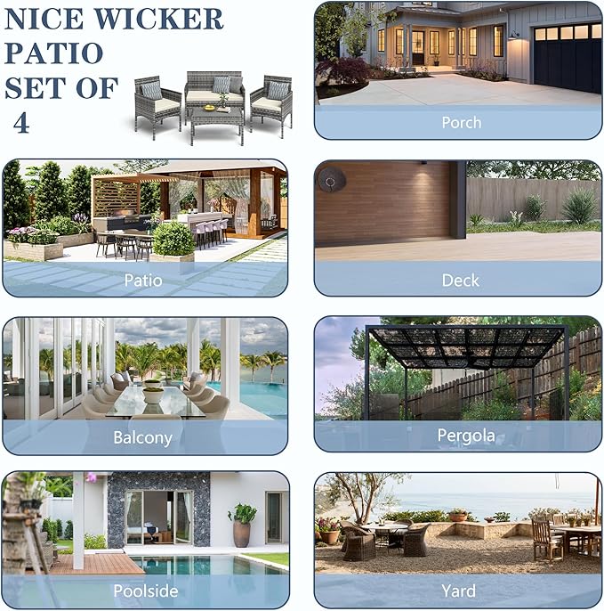 4 Pieces Patio Furniture Set, Outdoor Wicker Rattan Patio Conversation Furniture Set with Waterproof Cushion and Table for Lawn Poolside Backyard Garden Balcony Porch