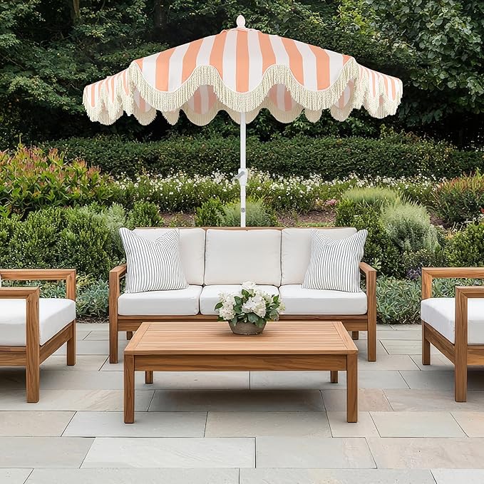 Eyely BMU1001 Halden 9 ft. Classic Cottage Tassel Market Patio Umbrella with Auto-Tilt, Crank