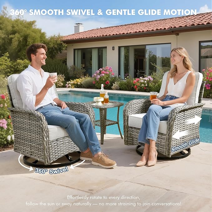 Weaxty Wicker Patio Furniture Set with Swivel Rocker Chairs Outdoor Loveseat Sofa and Rattan Coffee Table, 5 Pieces Outdoor Conversation Sets for Patio Porch Deck Backyard Poolside, Light Gray
