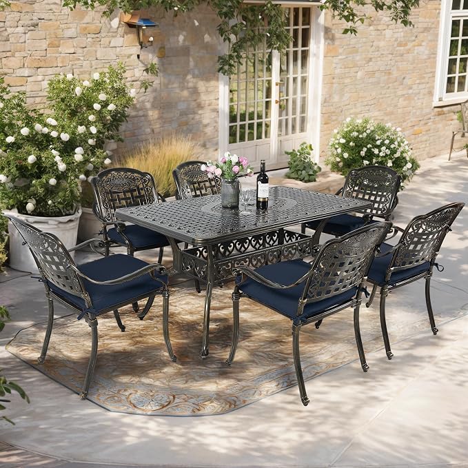 7-Piece Outdoor Patio Dining Set, 60” Rectangular Cast Aluminum Dining Table with Umbrella Hole and 6 Outdoor Dining Cushioned Chairs, Patio Funiture Set for Backyard, Patio, Garden, Navy