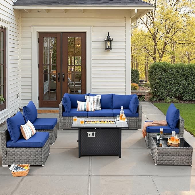 8 PCS Outdoor Patio Furniture Sets with 42'' Fire Pit Table,Wicker Weather Resistant Patio Conversation Set with Comfy Cushions,Modular L Shaped Sofa with Coffee Table for Yard,Navy Blue