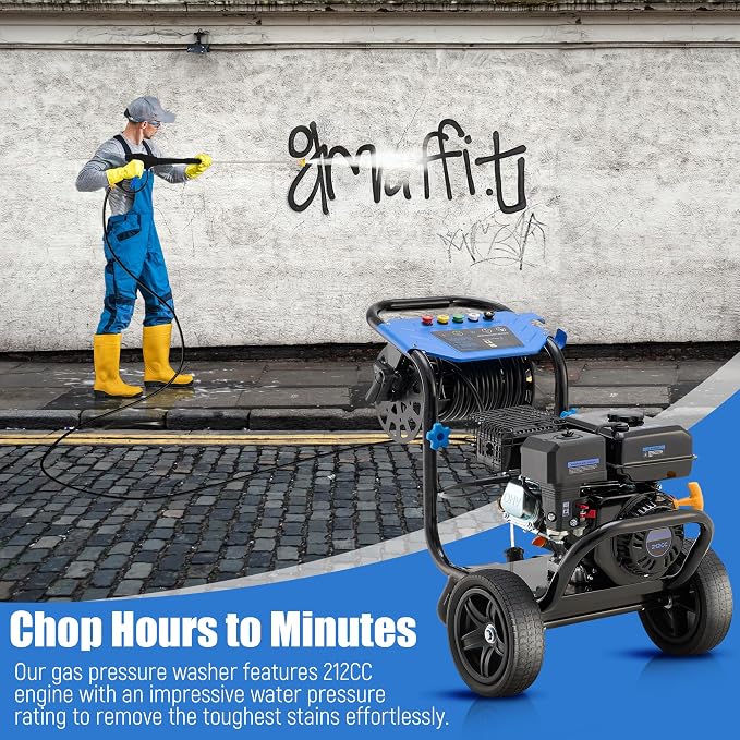 Gas Pressure Washer 3600 PSI with Hose Reel, 2.3 GPM Heavy Duty High Power Washer, 212CC Engine with 30FT Hose, Axial Aluminum Pump, Soap Tank, 5 Quick Connect Nozzle, 3.6L Gas Tank (Navy Blue)