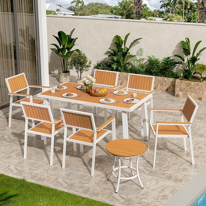 8-Piece Patio Dining Set, Outdoor Weather-Resistant Plastic-Wood Table & 6 Stackable Chairs, Outdoor Durable Aluminum Frame Furniture for Garden, Poolside, Backyard, White