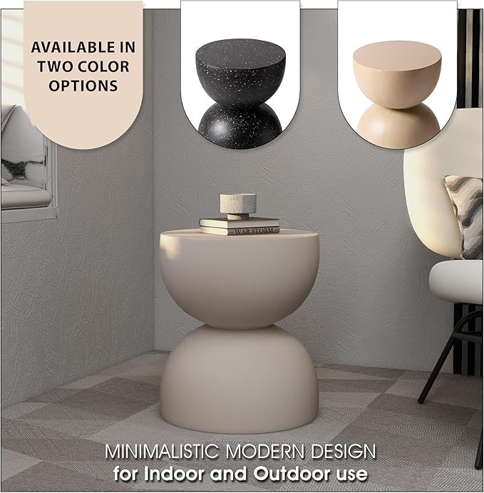 LeisureMod Minimalist Side Table, Fiber stone Round Hourglass Accent End Table Stool for Outdoor Patio, Indoor Home, Living Room Sofa, Weather-Resistant, Sage Series in Beige
